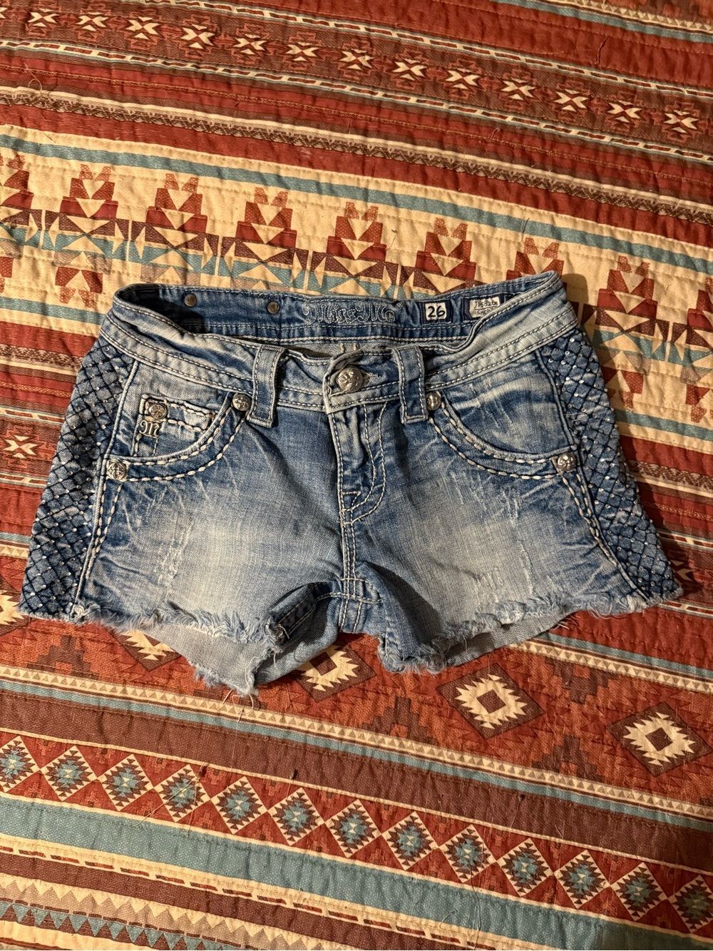 Miss Me Light Blue Distressed Denim Shorts with Beaded Side Panels size 26